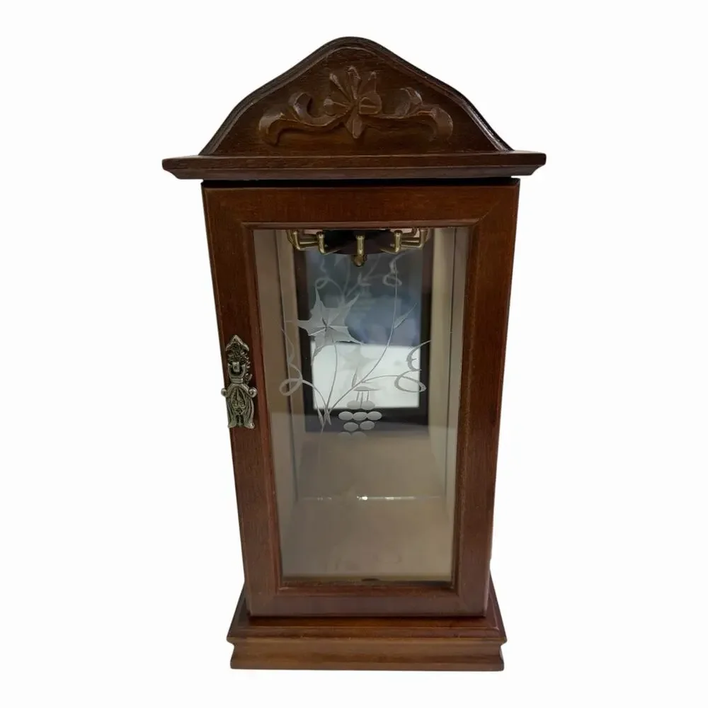 Vintage 1980’s Wooden Jewelry Cabinet Mirror Back Glass Etched Door Carousel
